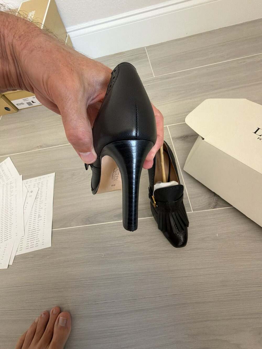 Lauren Ralph Lauren Colleen Black Burnished Calf Fringe Heels Size 6B - Picture 6 of 9